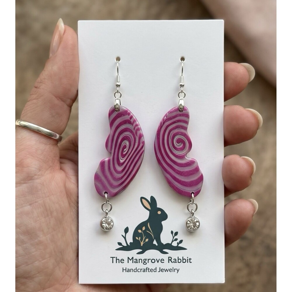 Polymer Clay Handmade Dangle Earrings Pink Swirl Butterfly Wings w Rhinestones